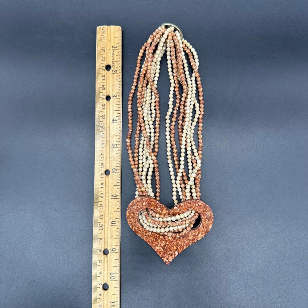 Vintage Stone Beaded Choker Necklace Heart Pendant Natural Earth Tone Southwest - Picture 8 of 9